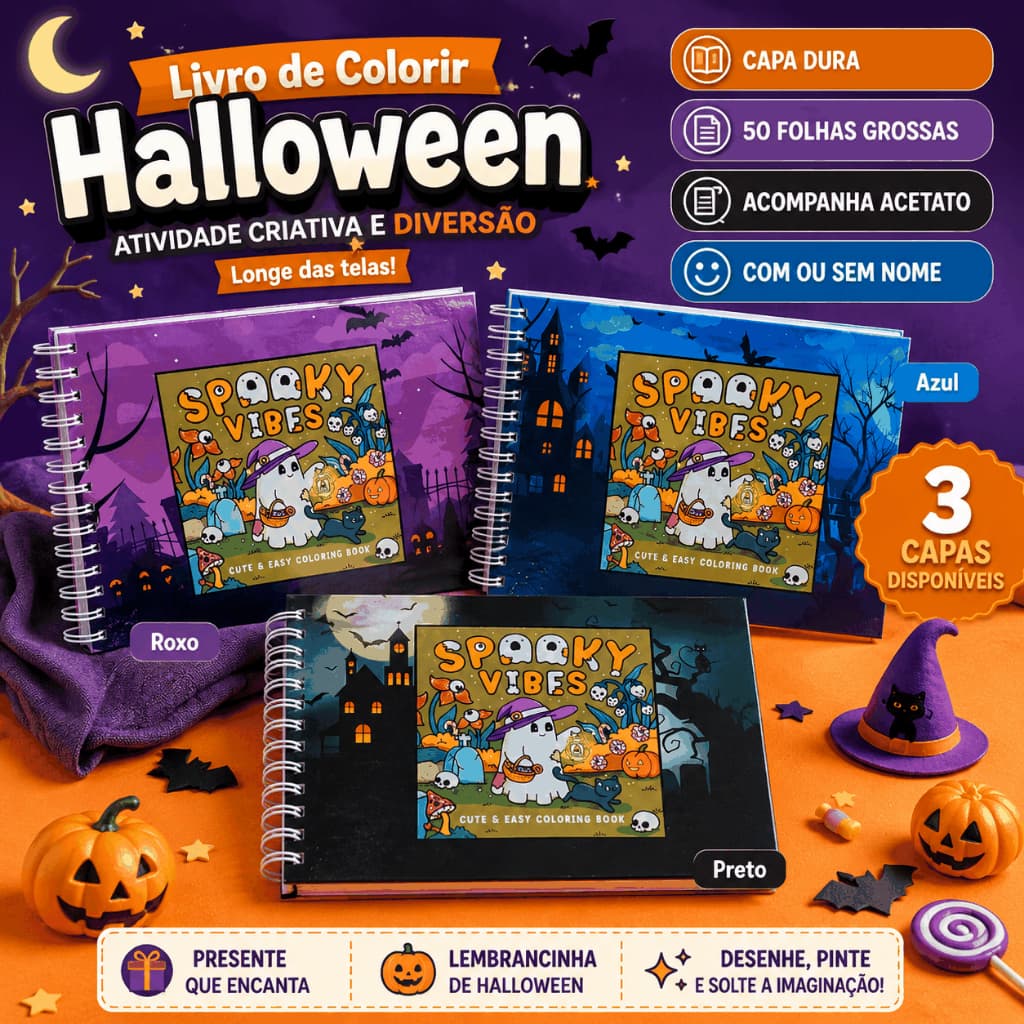 Livro de Colorir Halloween A5 Capa Dura 50 Folhas Grossas com Acetato com ou sem Nome