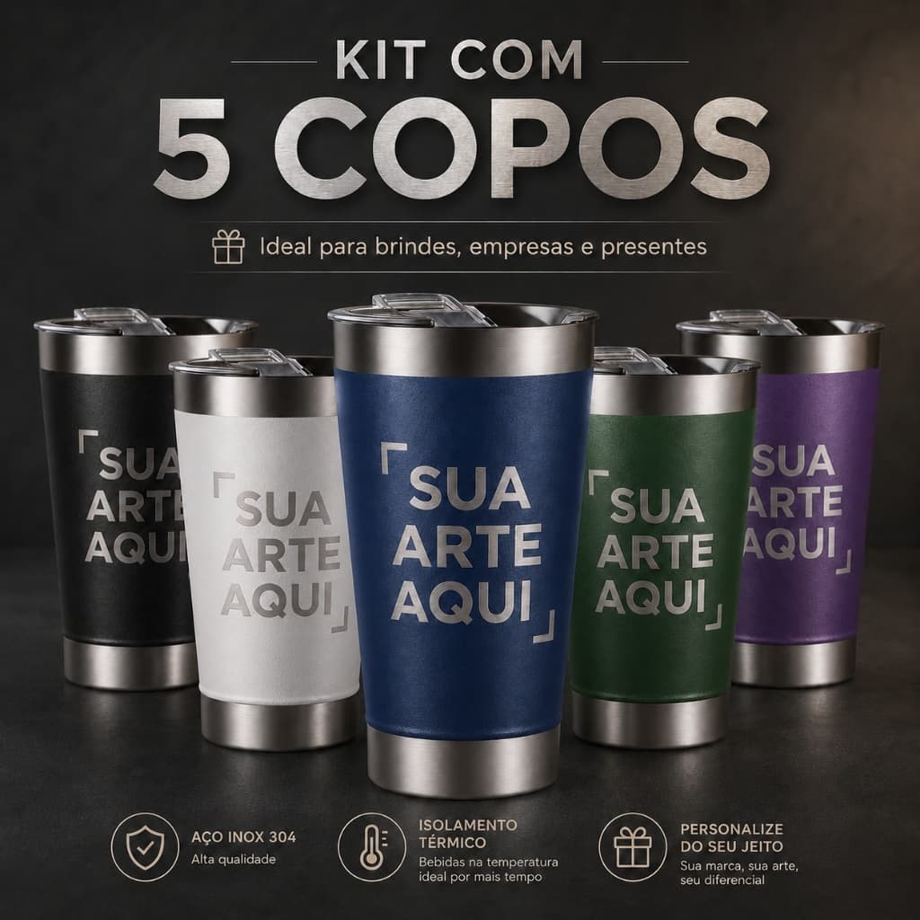 Kit com 5 Copos Térmicos Personalizados 473ml – Gravação a Laser