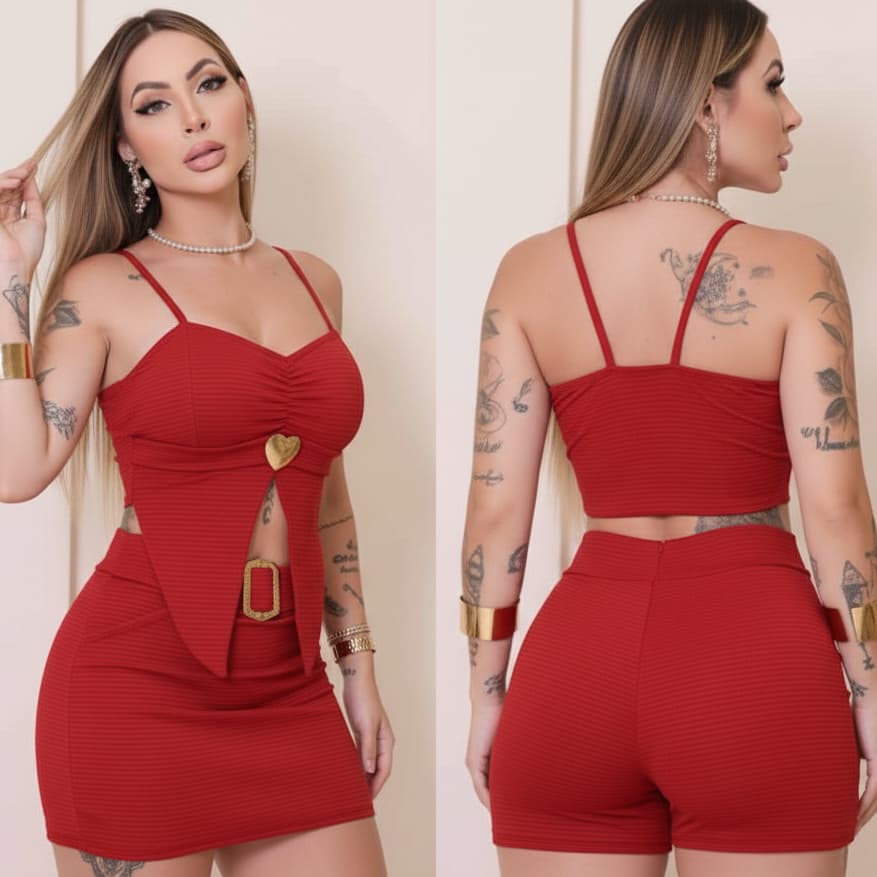 Conjunto Feminino Cropped Com Bojo E Short Saia Canelado Gringa