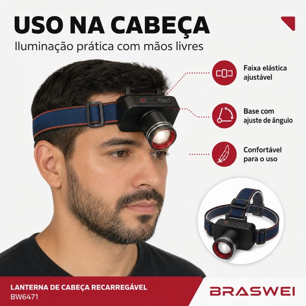 Lanterna De Cabeça Led Recarregável Forte USB-C Braswei BW6471 Farol De Cabeça Ajustável Para Camping Pesca Trilha E Mec