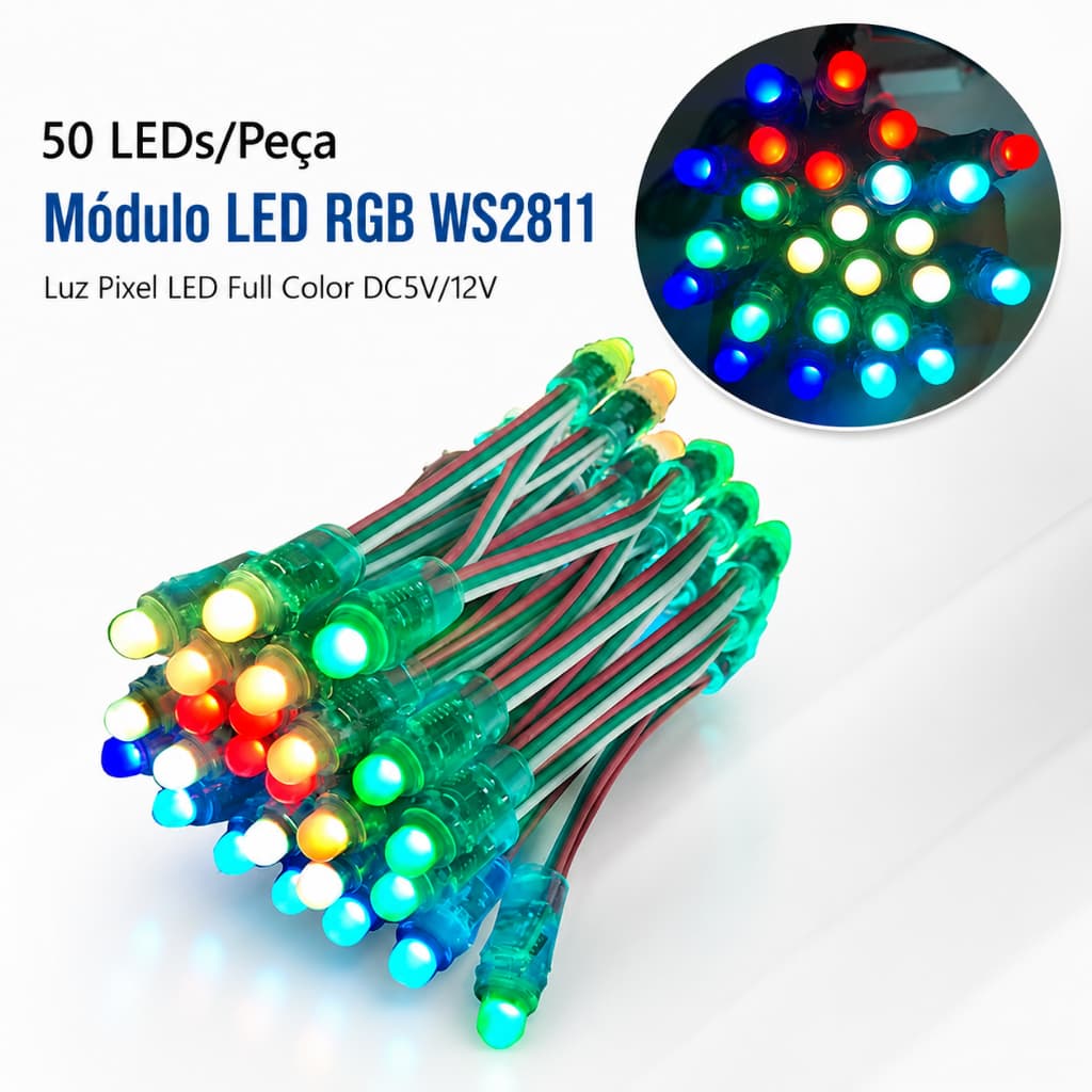 Kit 50 Unidades Pingo De Led Digital Pixel Ws2811 Rgb 12v
