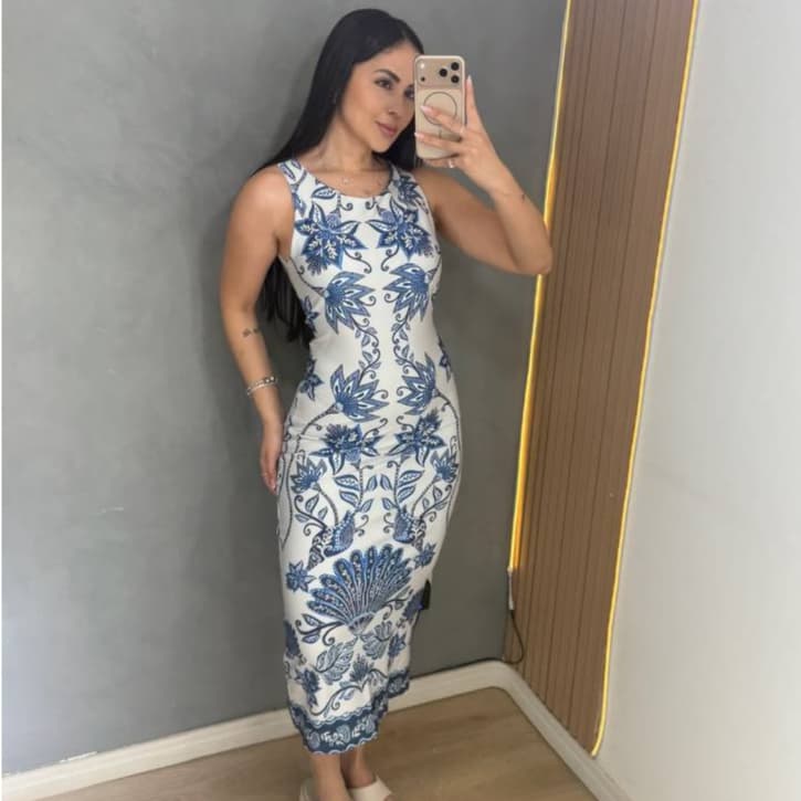 Vestido Feminino Midi Estampado Casual Chic Elegante