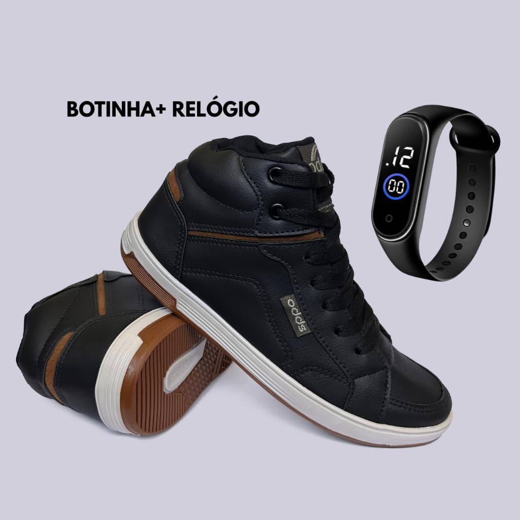 Botinha+ Relógio Infantil Masculina Festa Junina Inverno Cano Alto Frio Menino Casual Confortável Preto Bege Marrom Azul