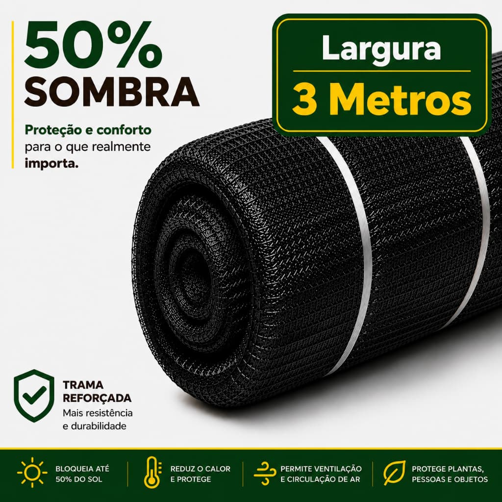 Tela Sombrite Sombreamento 50% - Largura 3 Metros Escolha sua Medida - Estufa Viveiro Orquidario Cultivo Hortalica