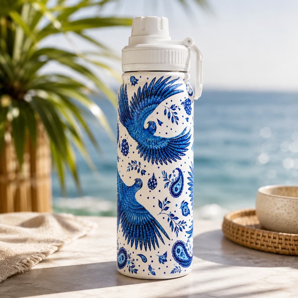 Garrafa modelo de verão 800ml desenvolvida para acompanhar sua rotina, passeios, viagens e atividades ao ar livre.