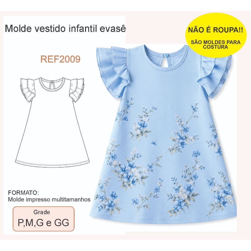 REF2009 Molde Vestido Infantil Evasê Babado Duplo Manga Borboleta 2 a 10 Anos Impresso Kraft