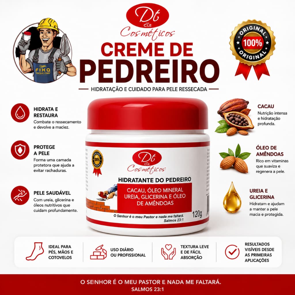 Creme Hidratante do Pedreiro 120g — Para Pés Ressecados, Calcanhar e Mãos Ásperas (Com Ureia)