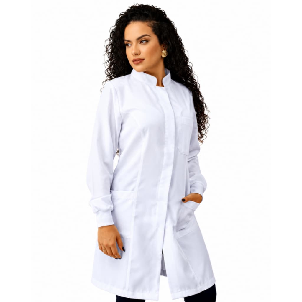 Jaleco Gabardine Feminino Botão Embutido C/Punho Gola Padre