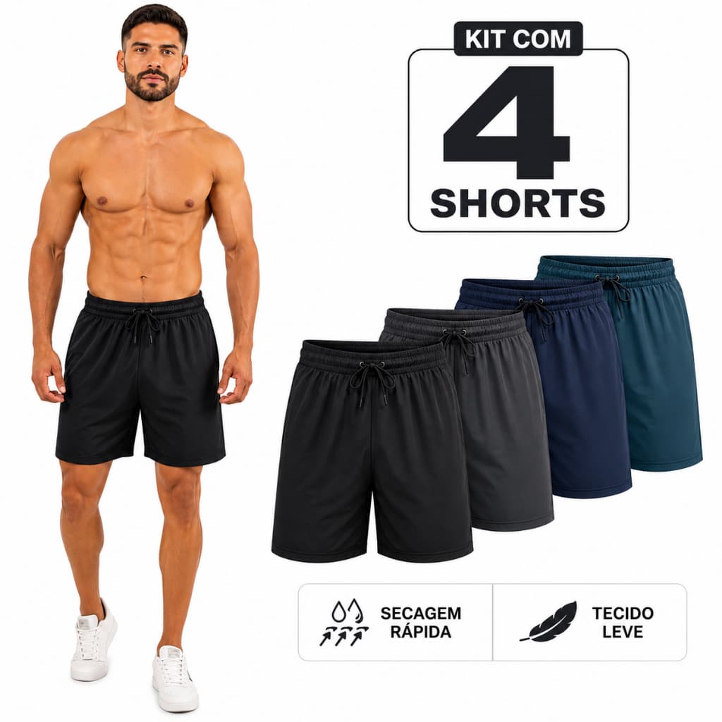 Kit 4 Short Masculino Bermuda Tactel Grosso Verão Academia Treino Praia Esporte Premium Fit Liso