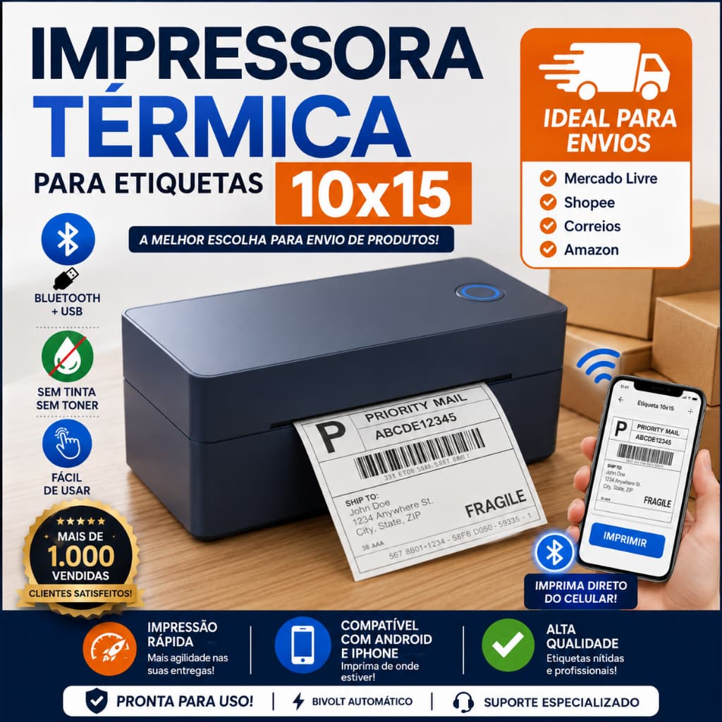 Impressora Termica de Etiquetas 100x15 Bluetooth 4x6 Para Shopee Mercado Livre Correios Compatível com PC e Celular