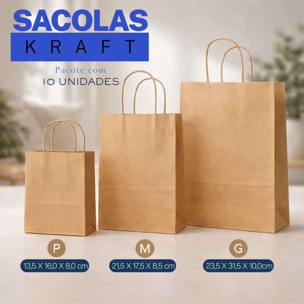 Pacote 10 Sacolas Kraft Papel Pardo Resistente Ecológica Varejo Presente Loja P M ou G