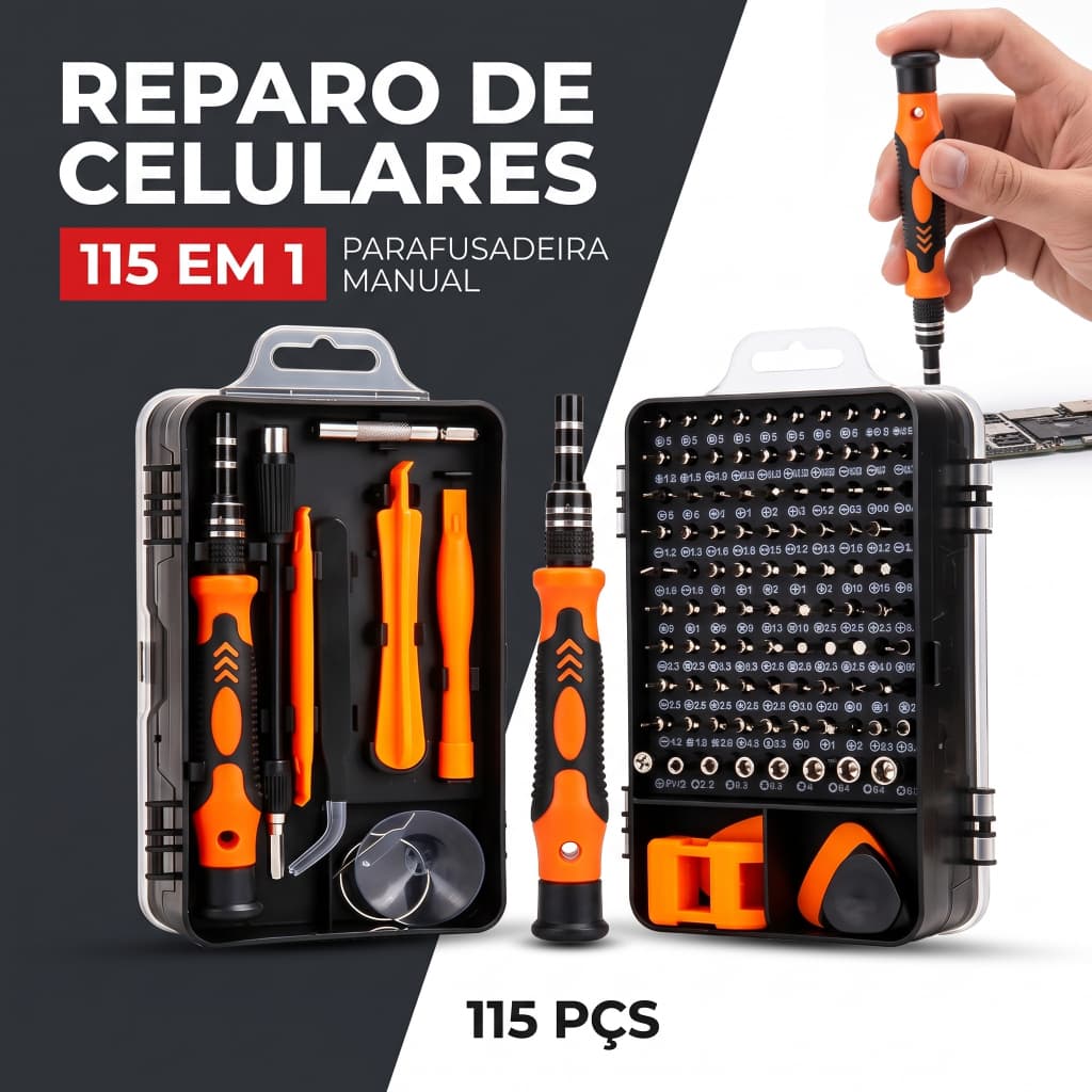 Kit de Chaves de Precisão 115 em 1 com Pontas Magnéticas | Jogo Completo para Reparo de Celular, Notebook, Tablet, Video