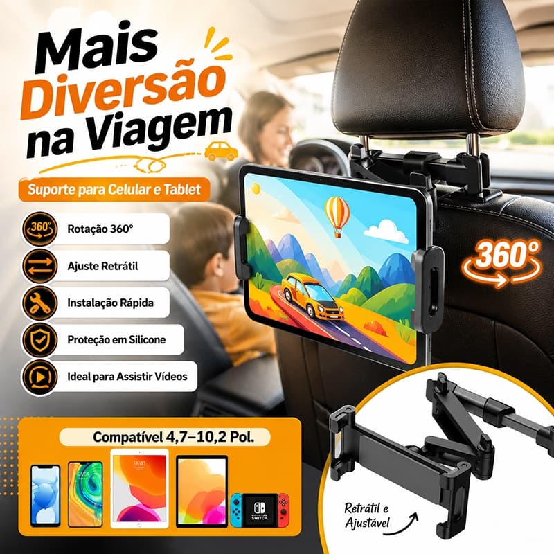 Suporte Veicular Tablet Celular Encosto Cabeça Banco Traseiro 360° Retrátil Universal 4,7-10,2 Pol