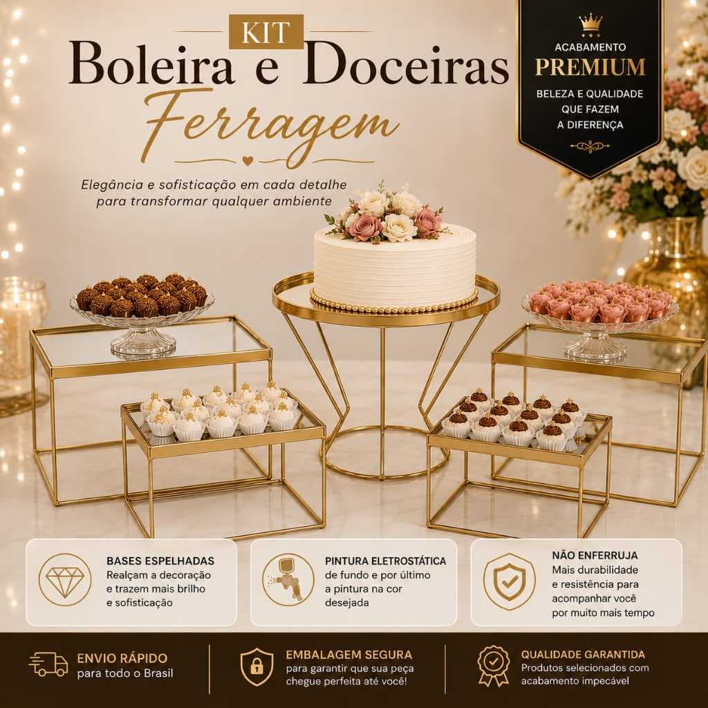 KIT FESTA 5 PEÇAS BOLEIRA E DOCEIRAS DECORAÇAO FERRAGEM