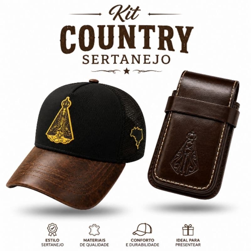 kit Country Cavalgada Boné Nossa Senhora mais Capa Bainha Porta Celular.