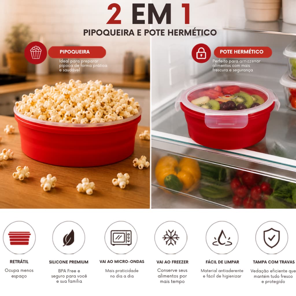 Pipoqueira Para Micro-ondas Sem Óleo Pote 2 em 1 Pote Hermético Pipoca Silicone Redonda Com Tampa Livre BPA