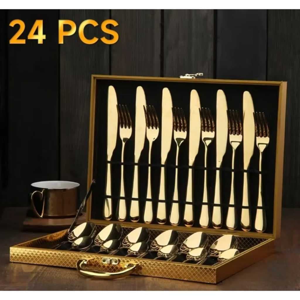 Kit Conjunto Faqueiro Talheres Em Inox Detalhe Em Dourado 24 Peças Com Maleta