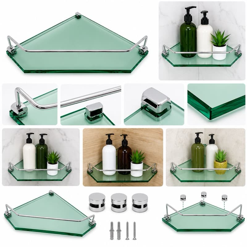 Porta Shampoo Canto Vidro Verde 8mm Lapidado, Suporte Alumínio Cromado, Alta Resistência, Banheiro Moderno Premium