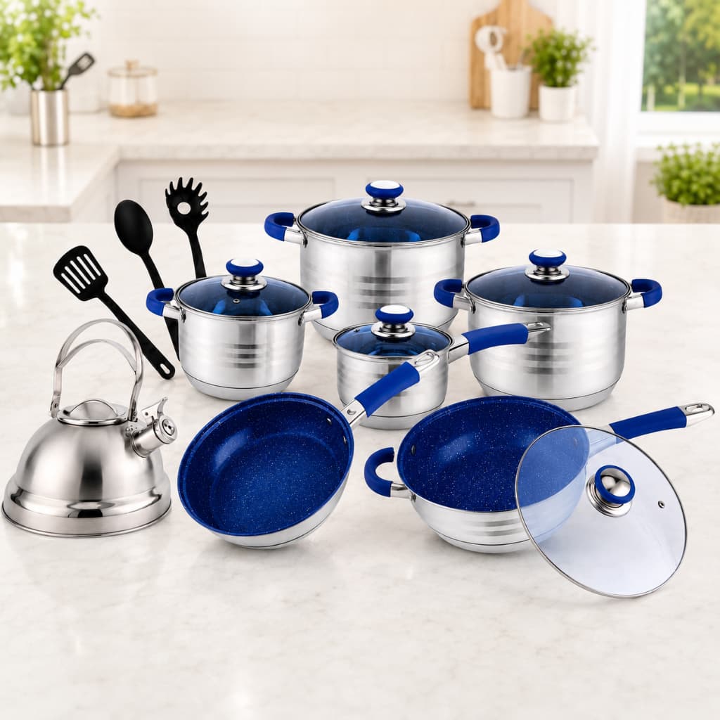 Jogo de Panelas 16 Peças Inox Marmorizado Azul com Tampas de Vidro