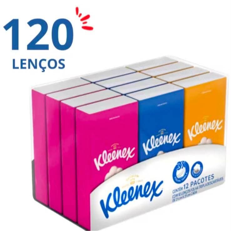 Kit 12 Lenços de Bolso Kleenex Dia a Dia Folha Tripla Macia Com 120 Lenços