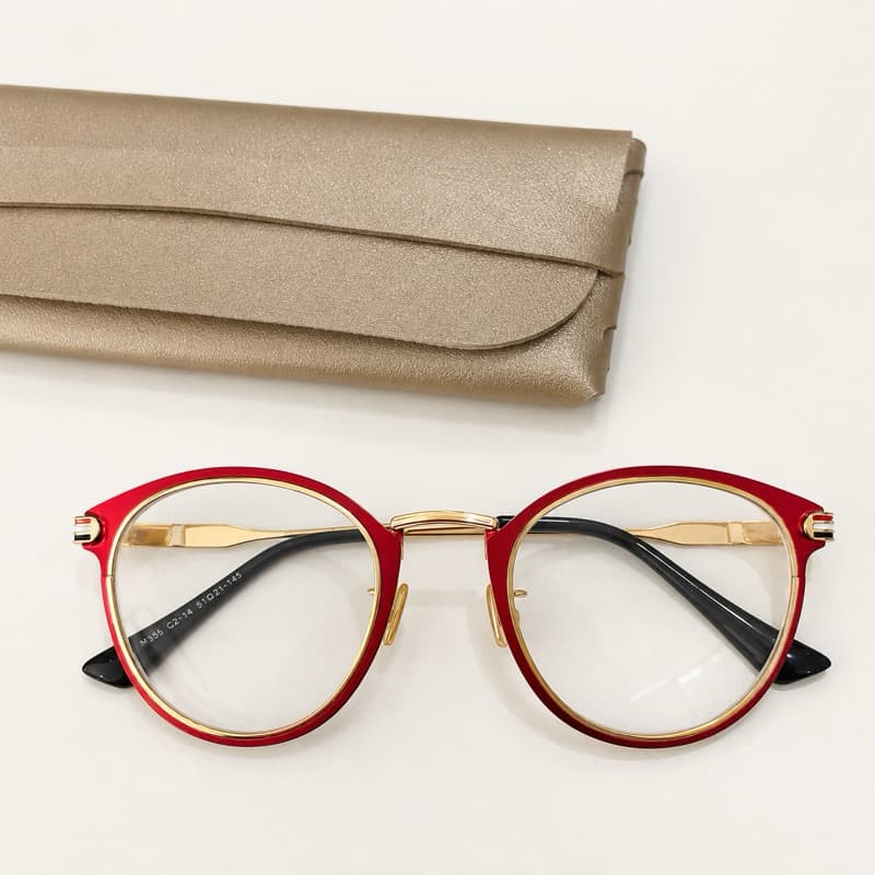 Armação Óculos de Grau Feminina Metal Vintage Redondo Gatinho Dourado Com Vermelho