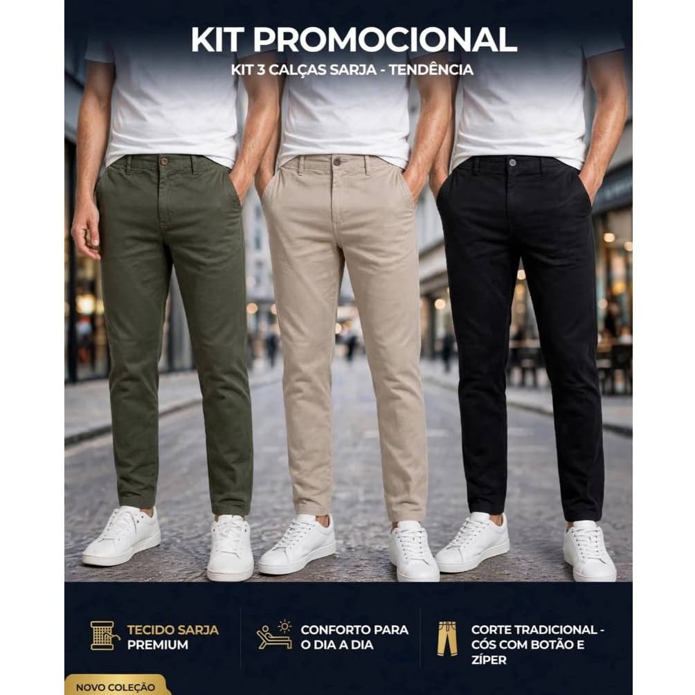 Kit 3 Calças Sarja Básica ​Conforto que Acompanha o Seu Ritmo Calças Adulto Elegante