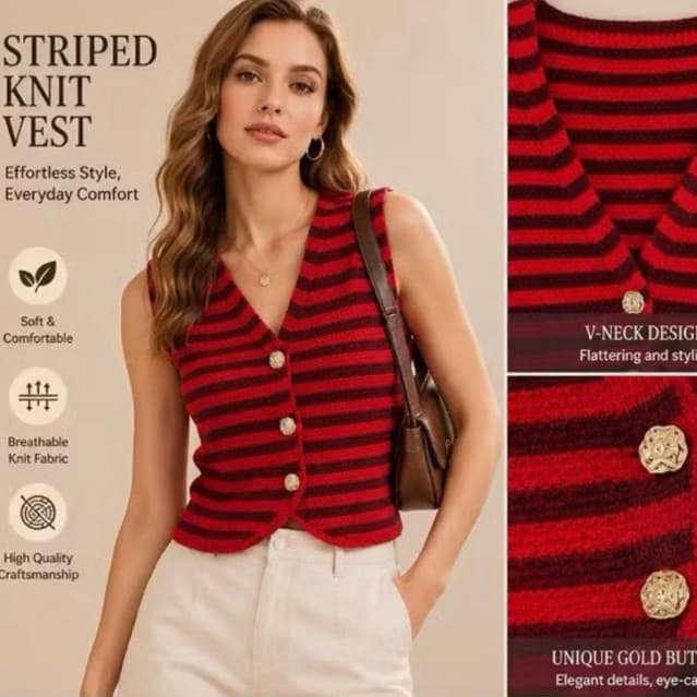 Colete Cropped em Tricô Listrado com Botões Dourados Estilo Gringa