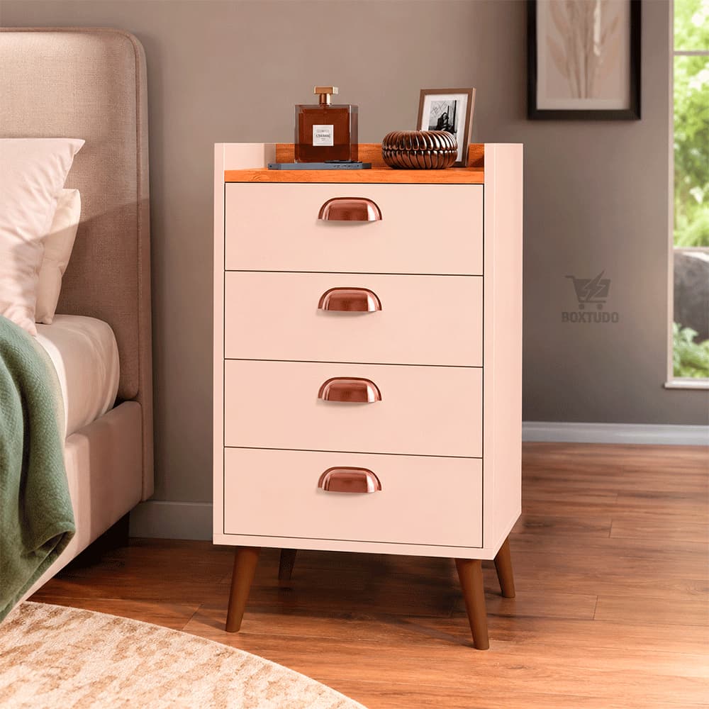 Mesa de Cabeceira com 4 Gavetas Gaveteiro Monet Puxadores Concha criado lateral cama