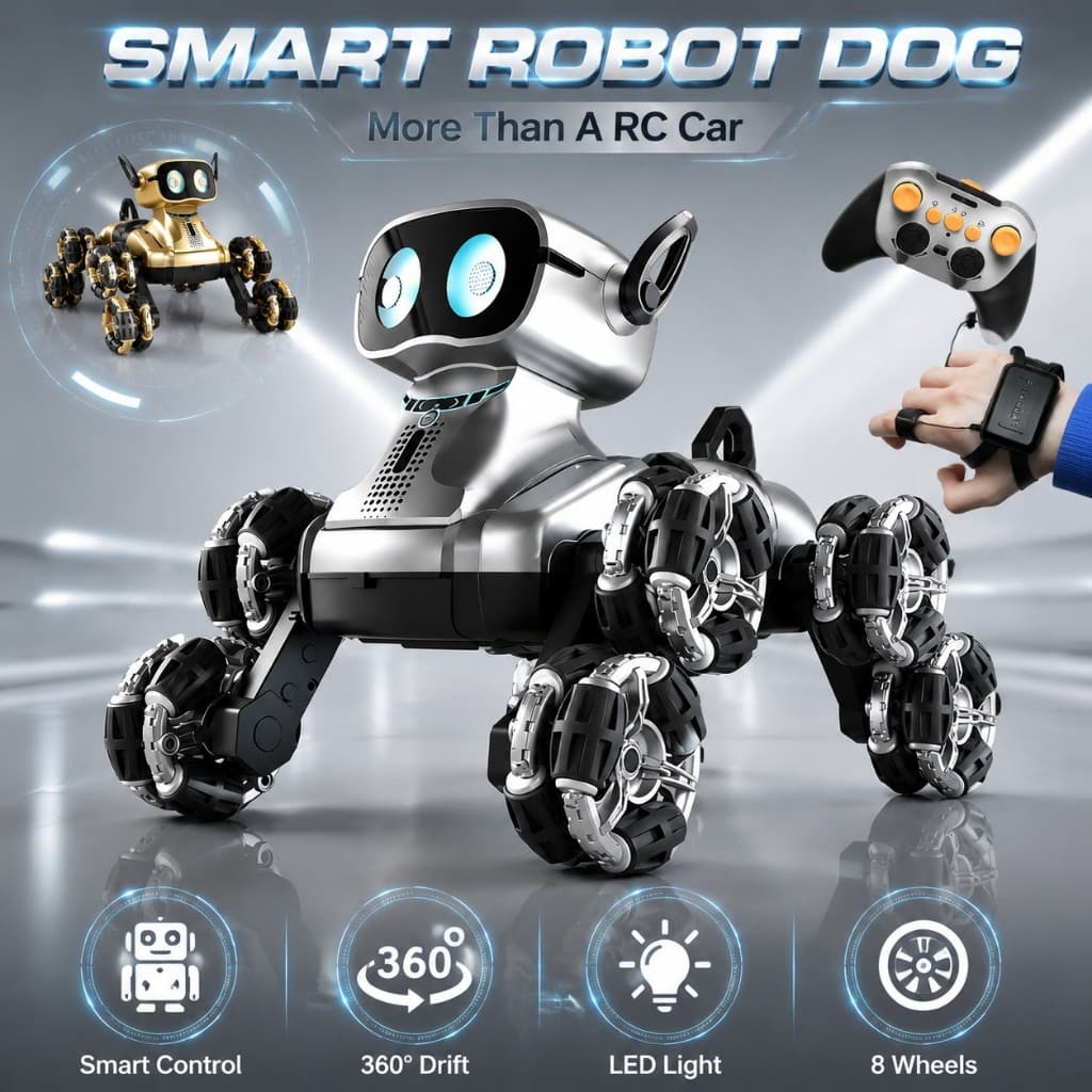 Cão Robô Inteligente RC 8 Rodas Omni Controle por Gestos e Remoto LED Música Giro 360° Escalada Recarregável