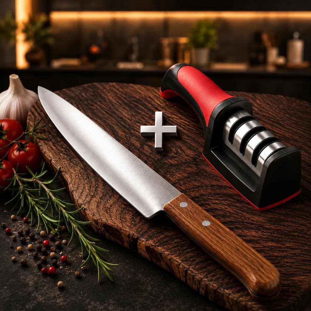 Kit Faca Chef Inox 20cm + Afiador de Facas 3 Estágios Profissional