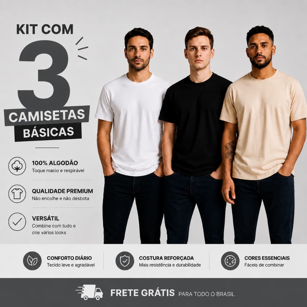 Kit 3 Camisetas Lisas Básicas Masculina 100% Algodão Moda Casual
