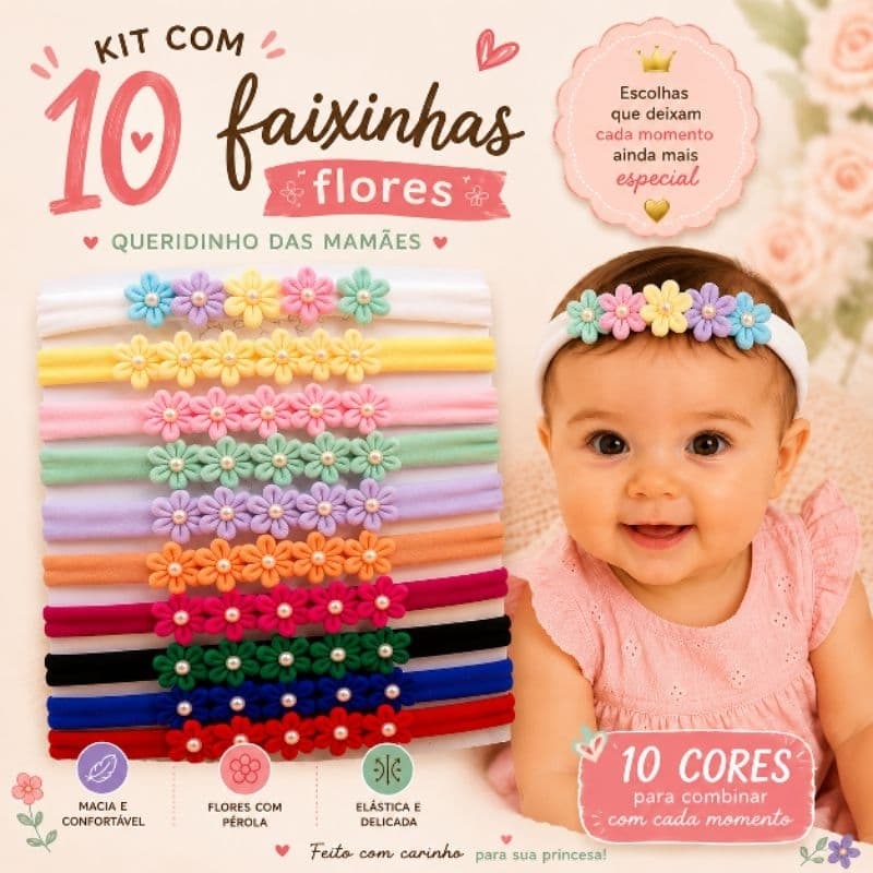 Kit 10 Faixinhas Tiara para Bebê com Flores Laços Lacinhos Menina Rn
