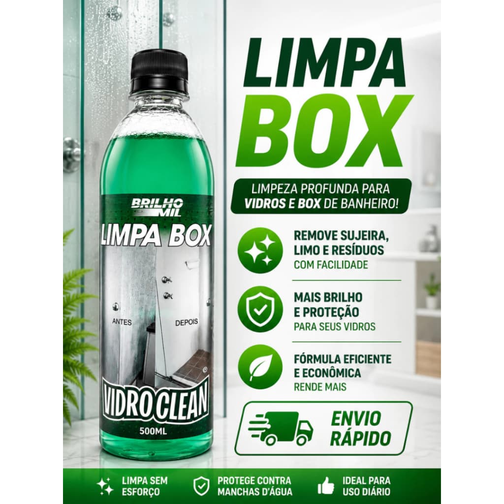 Limpa Vidro Box Banheiro Blindex Vidroclean Brilho Mil 500ml - Remove Manchas Gordura e Sujeira