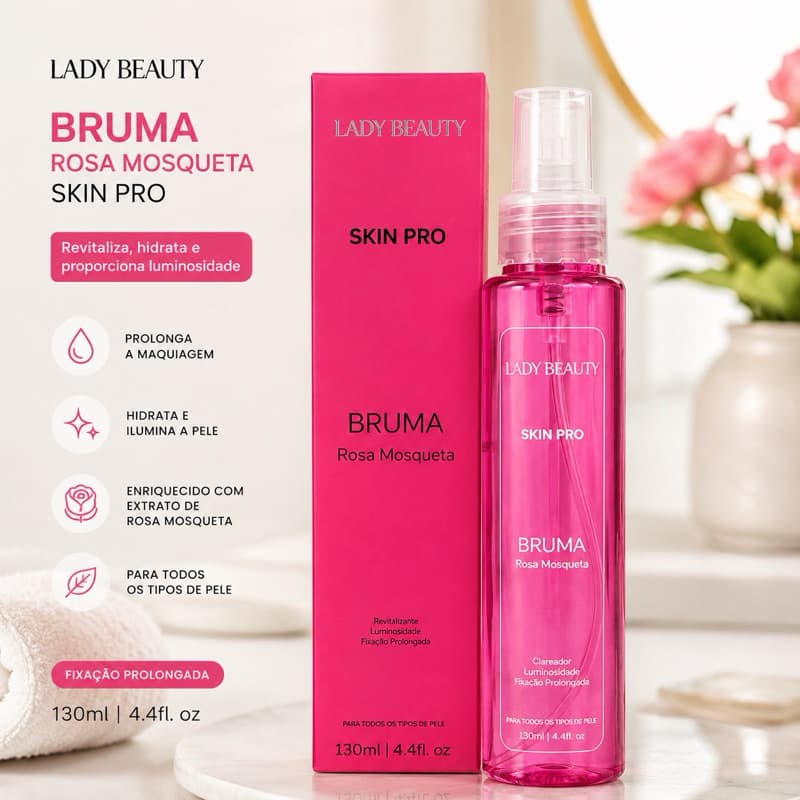 Bruma Rosa Mosqueta Skin Pro Lady Beauty 130ml Fixador de Maquiagem Hidratante Iluminador