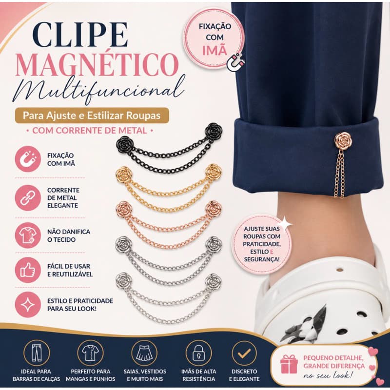 Clipe Magnético Multifuncional Para Ajuste e Estilizar Roupas Com Corrente De Metal Fixação Com Imã