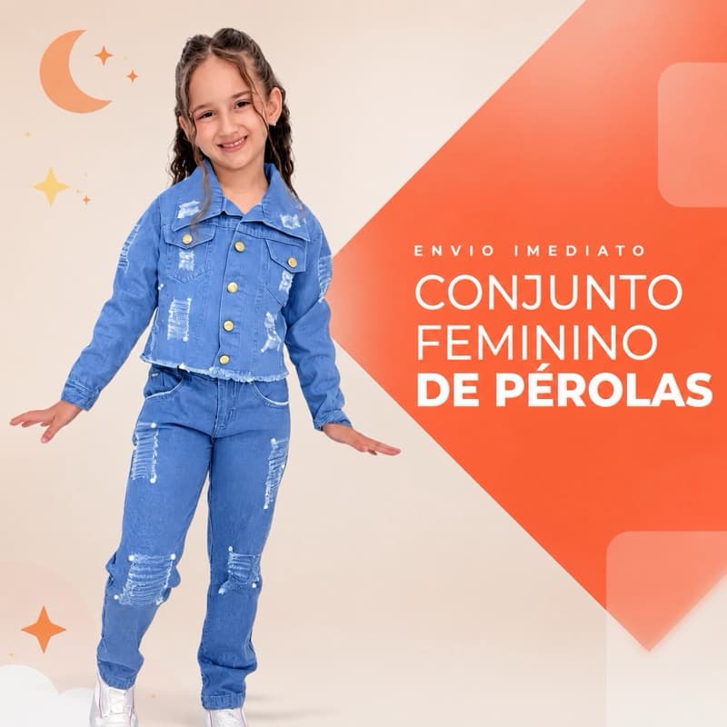 Conjunto Jeans Infantil com pérolas feminino  menina Jaqueta Calça Destroyed Jeans Azul Claro Tamanhos 2 ao 16
