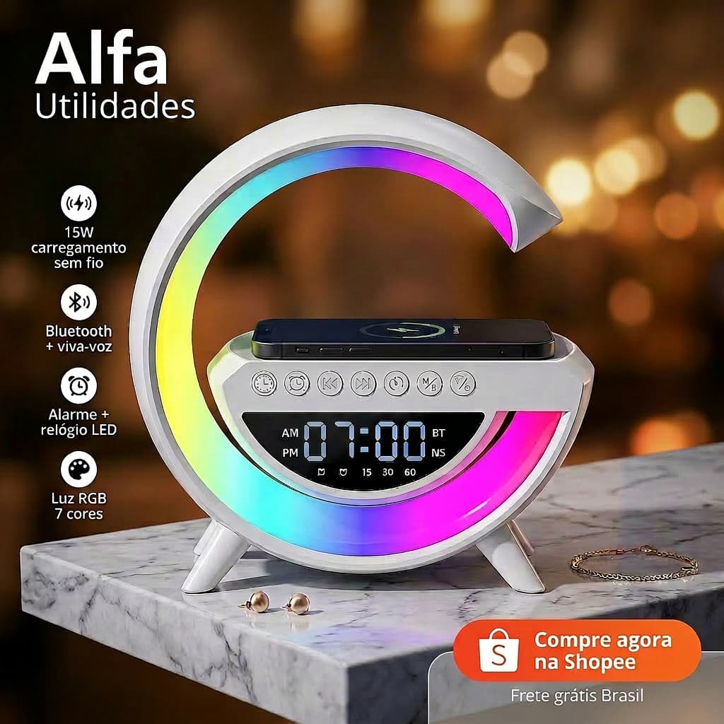 Luminária Relógio Caixa Som Bluetooth Carregador Indução