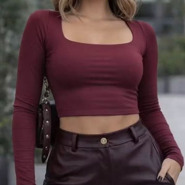 BLUSA CROPPED MANGA LONGA DECOTE QUADRADO FORRADO TENDENCIA OUTONO INVERNO