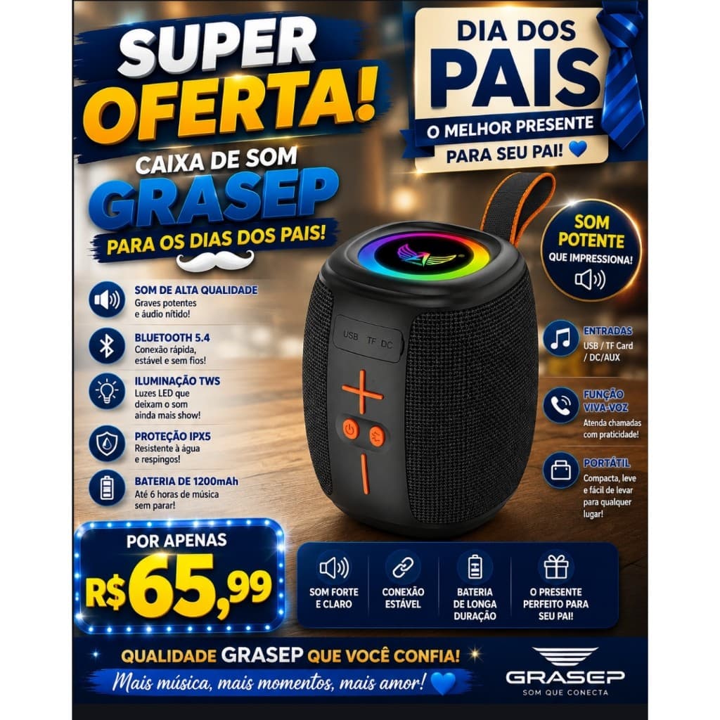 Caixa de Som Grasep   Bluetooth 5.0 som Alto Portátil.