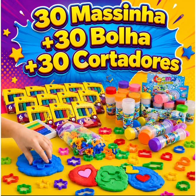 Kit 30 Caixa de Massinha de Modelar + 30 Bolha de Sabão + 30 Cortador Forminha Infantil Lembrancinha