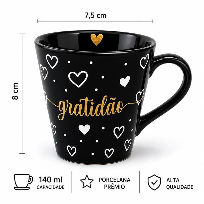 Jogo Kit Xícara Preta Café Chá Porcelana 140 Ml Gratidão Frente E Verso um coração externo na boca