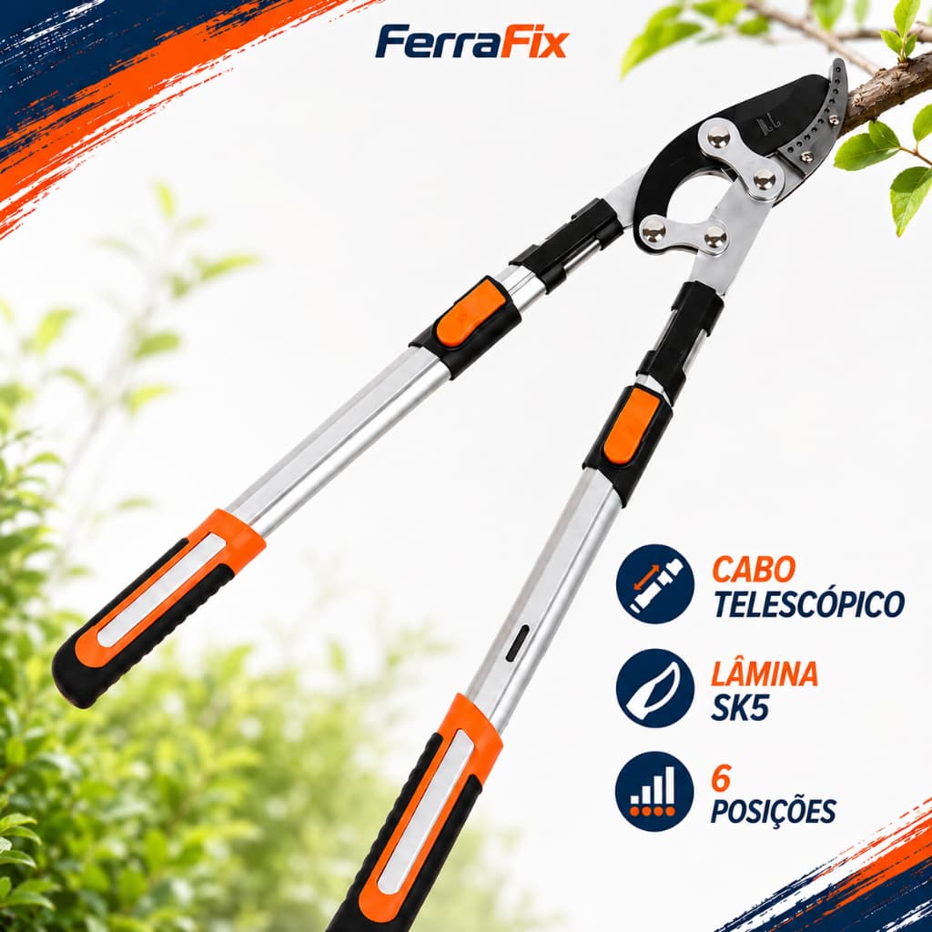 Tesoura De Podar Jardinagem Profissional 70-105cm Lâmina Aço SK-5 Cabo Extensível para Galhos Altos FerraFix
