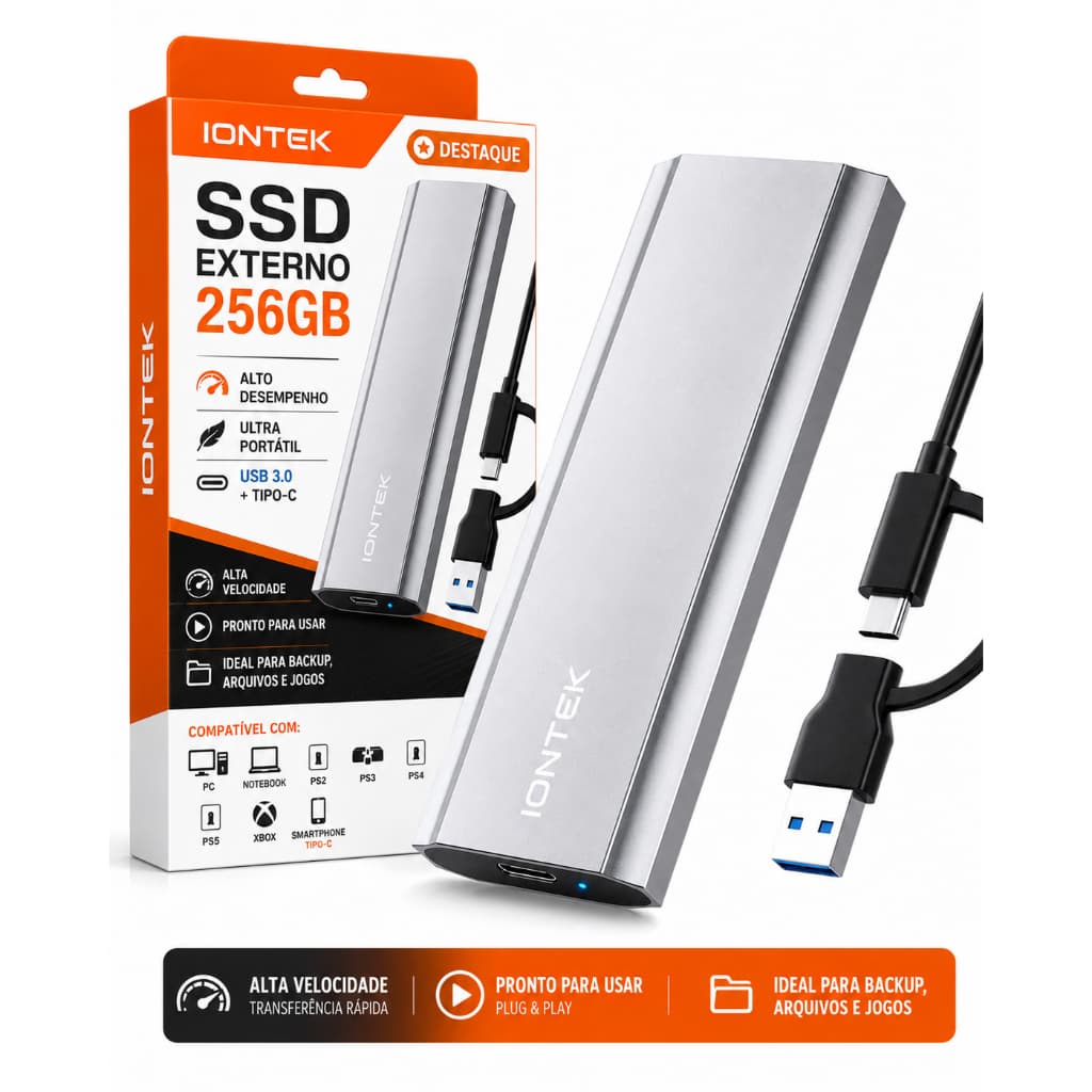 SSD M.2 Externo Portátil 512GB IONTEK USB-C 3.1 para PC, Notebook, Mac, Android, Smart TV, PS4, PS5 e Xbox