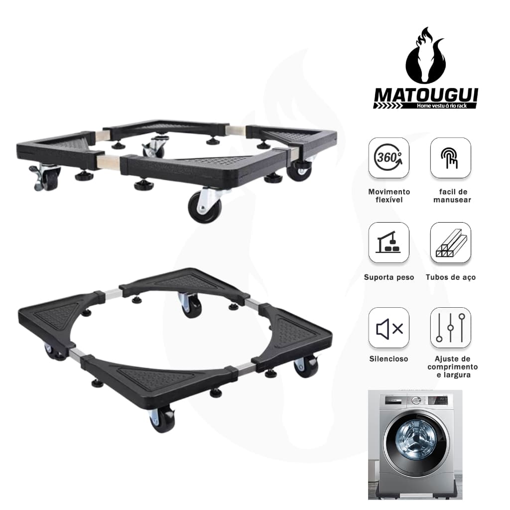 Suporte Universal para Lavadora e Geladeira Preto Material PP Inoxidável Altura Ajustável Com Rodas Anti-Deslizante