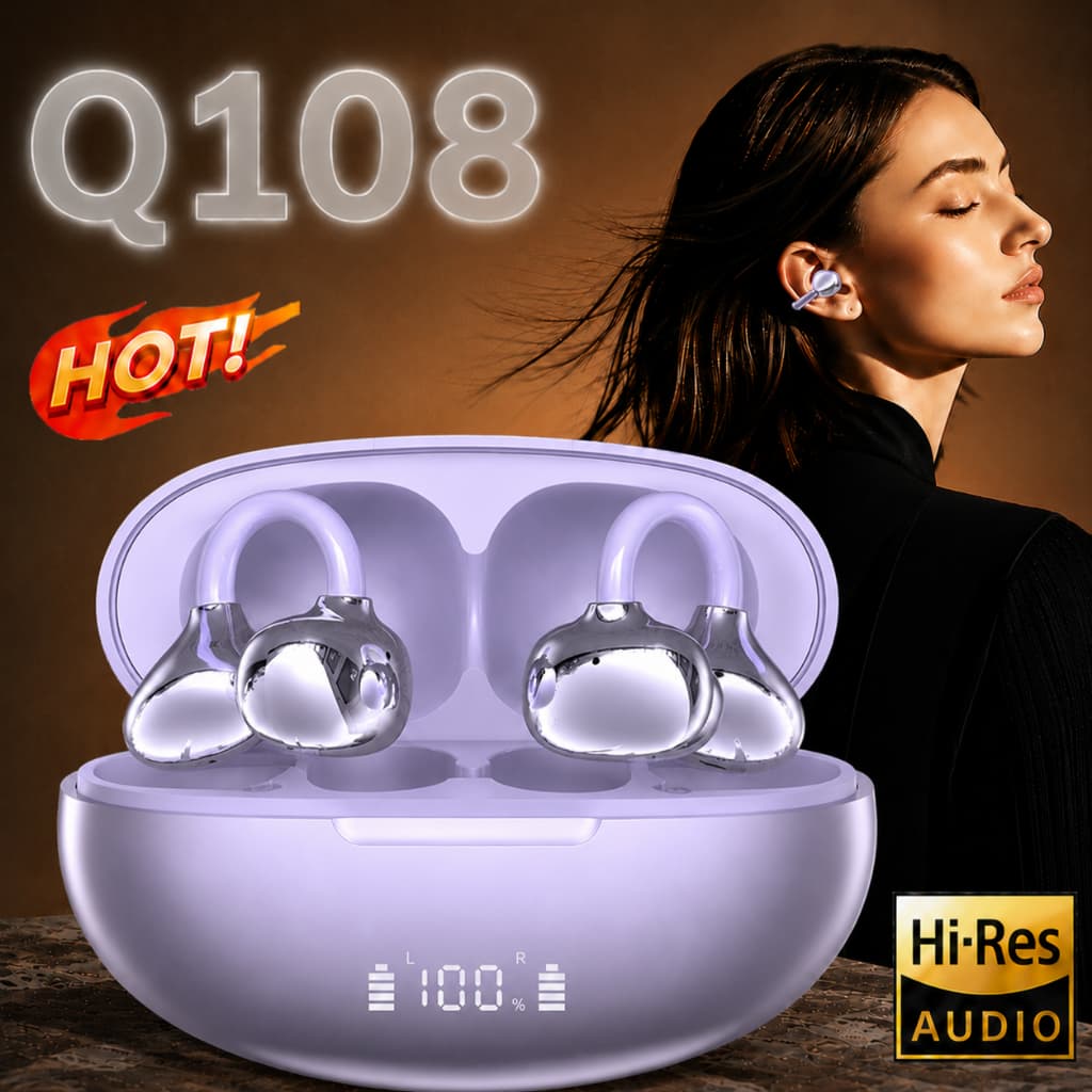 Fone Q108-TWS Bluetooth 5.4 com Clipe Auricular, HiFi, Sem Vazamento, Leve e Estojo com LED