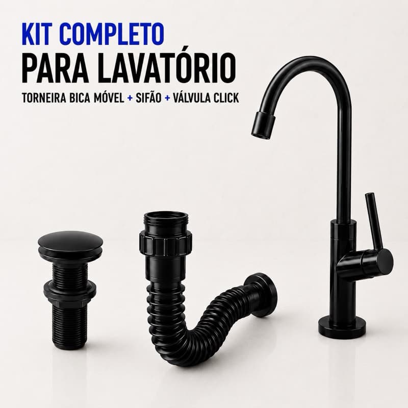 Kit Torneira Banheiro Preto 1/4 + Válvula Click 7/8 Pia + Sifão Universal 72cm Lavabo Lavatório