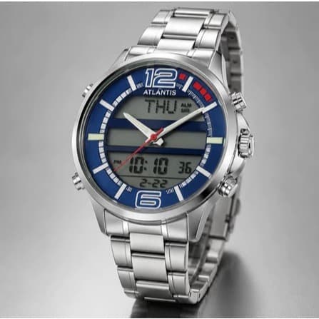 Relógio Atlantis Azul Masculino Analógico Digital Prata com Pulseira de Aço