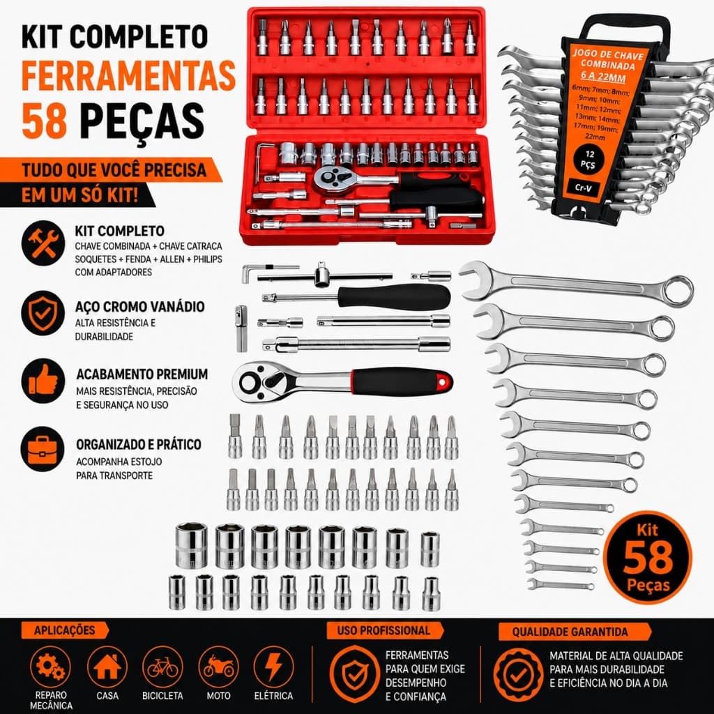 Jogo De Chave Soquete Catraca Chave Combinada Soquetes Fenda Philips Torx Allen Kit Ferramentas Completo Aço Crv 58 Pçss