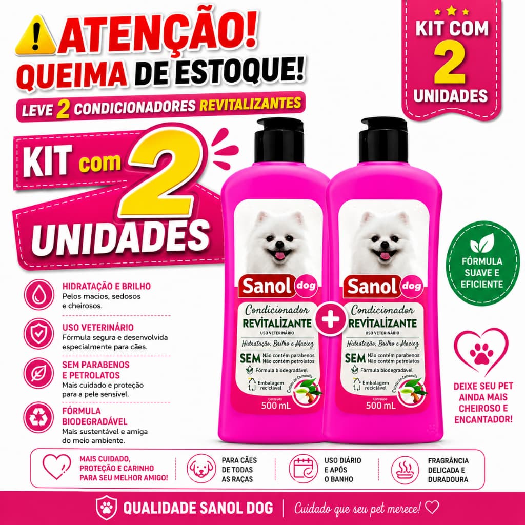 Kit C/2 frascos Condicionador Revitalizante Sanol Cães 500ml cada