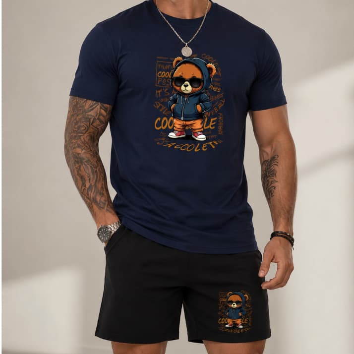 Conjunto 2 Peças Camiseta + Short Estiloso Masculino Urso Street Várias Cores Confortável Atemporal Estampa Urso